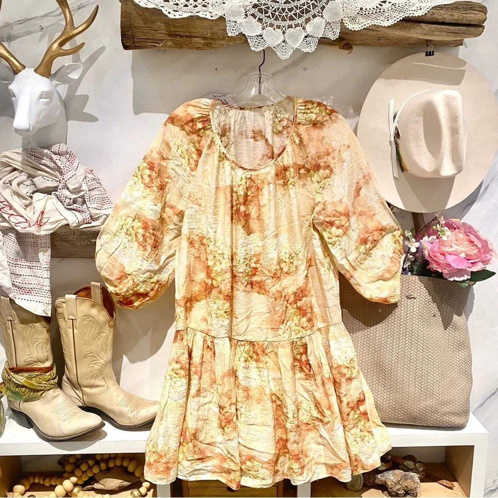 Gorgeous Ballon sleeves boho doll dress w floral gardenia shabby chic vacay vibe - Picture 4 of 8